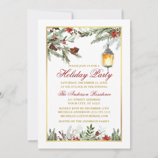 Pines Poinsettia Holiday Party Gold Einladung (Vorderseite)