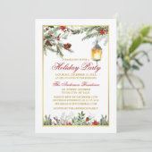 Pines Poinsettia Holiday Party Gold Einladung (Stehend Vorderseite)
