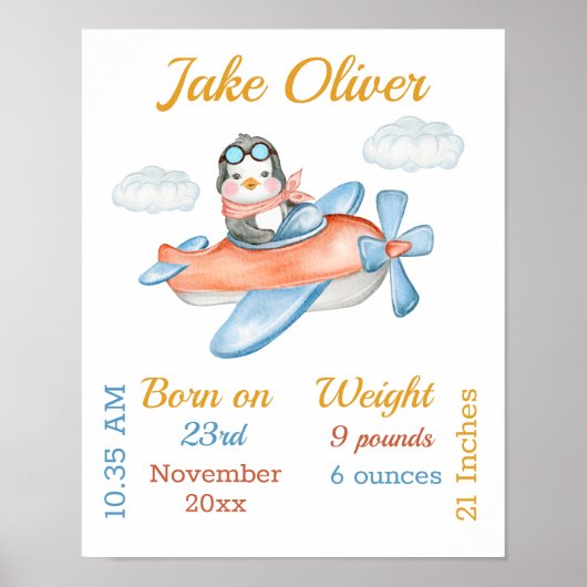 Pinguin Airplane Blue Baby Boy Stats Poster (Vorne)