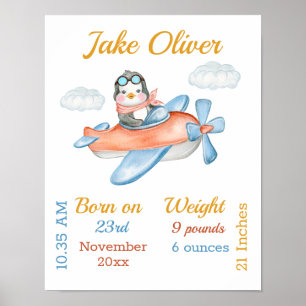 Pinguin Airplane Blue Baby Boy Stats Poster