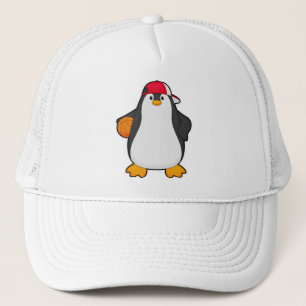 Pinguin als Basketballspieler mit Basketball Truckerkappe