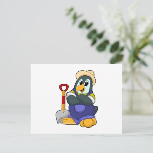 Pinguin als Bauer mit Shovel Postkarte (Stehend Vorderseite)