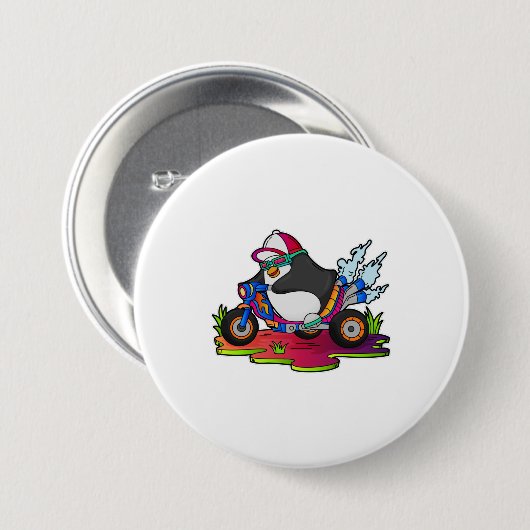 Pinguin als Biker mit Motorrad Button (Vorne & Hinten)