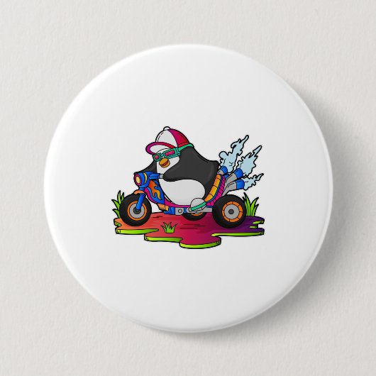 Pinguin als Biker mit Motorrad Button (Vorderseite)