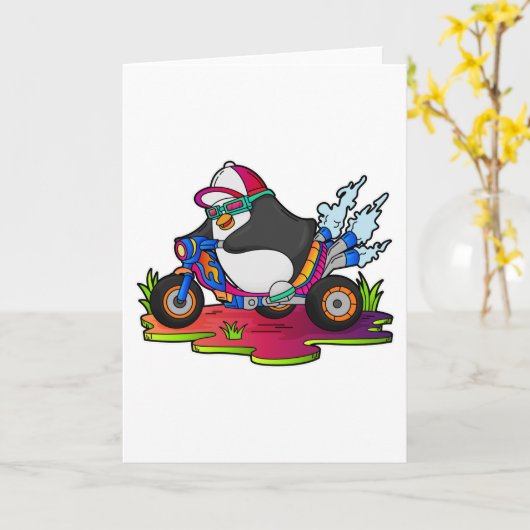 Pinguin als Biker mit Motorrad Karte (Gelbe Blume)