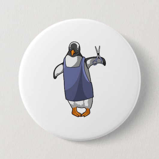 Pinguin als Friseur mit Schere Button (Vorderseite)