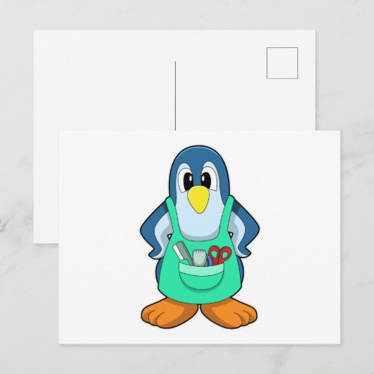 Pinguin als Friseur mit Schere & Razor Postkarte (Vorne/Hinten)