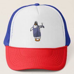 Pinguin als Friseur mit Schere Truckerkappe