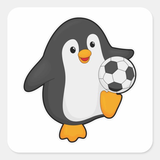Pinguin als Fußballspieler mit Fußball Quadratischer Aufkleber (Vorderseite)