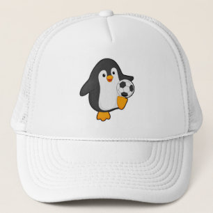 Pinguin als Fußballspieler mit Fußball Truckerkappe