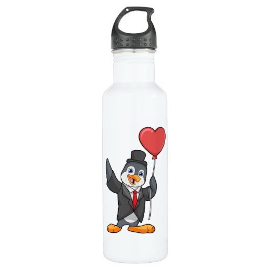 Pinguin als Groom mit Herz Ballon Edelstahlflasche (Vorderseite)