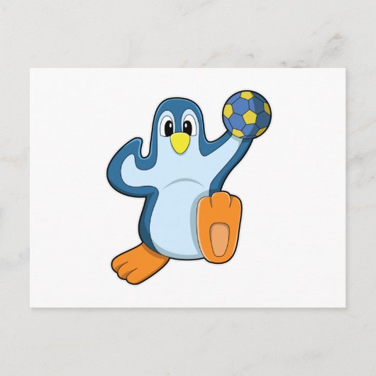 Pinguin als Handballspieler mit Handball Postkarte (Vorderseite)