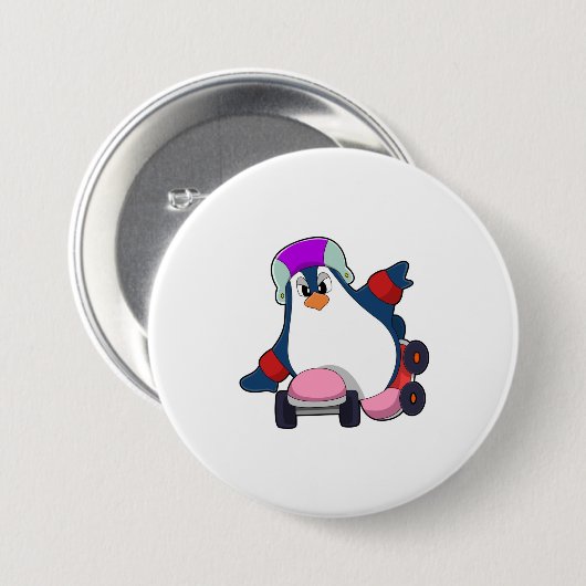Pinguin als Inline-Skater mit Inline-Skaten Button (Vorne & Hinten)