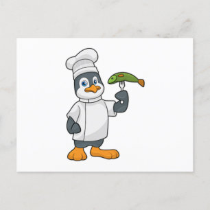 Pinguin als Koch mit Fisch & Kochschürze Postkarte