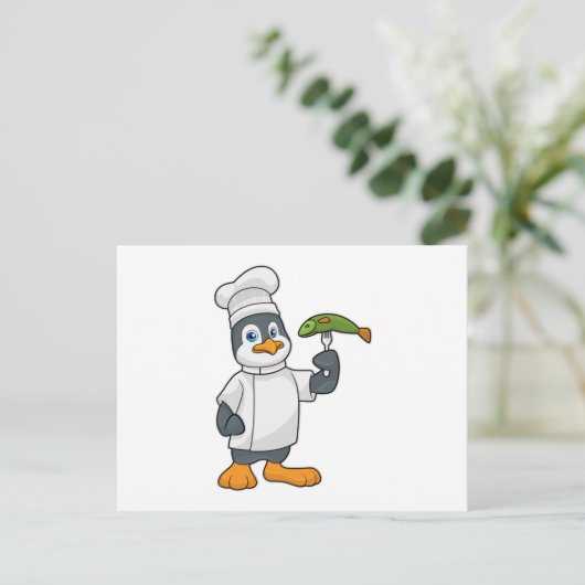 Pinguin als Koch mit Schürze Fisch & Kochen Postkarte (Stehend Vorderseite)