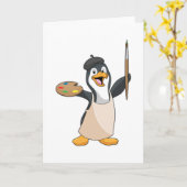 Pinguin als Maler mit Pinsel und Farbe Karte (Gelbe Blume)