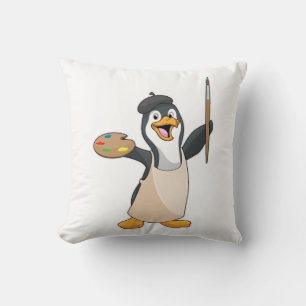 Pinguin als Maler mit Pinsel und Farbe Kissen