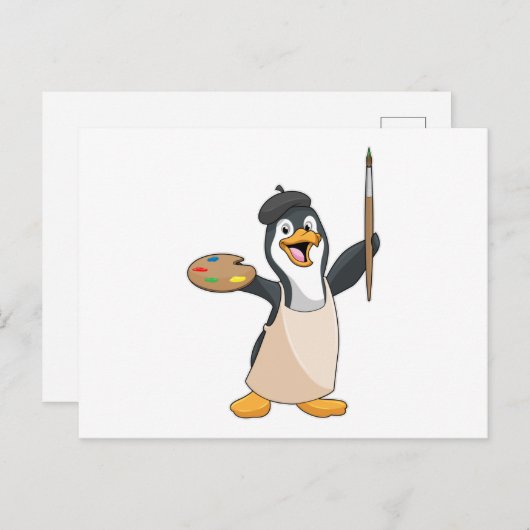 Pinguin als Maler mit Pinsel und Farbe Postkarte (Vorne/Hinten)