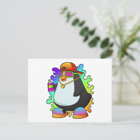 Pinguin als Maler mit Spray Postkarte (Stehend Vorderseite)
