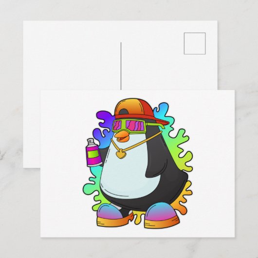 Pinguin als Maler mit Spray Postkarte (Vorne/Hinten)