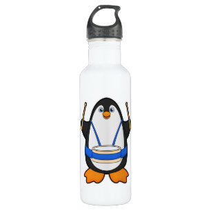 Pinguin als Musiker mit Drum Edelstahlflasche