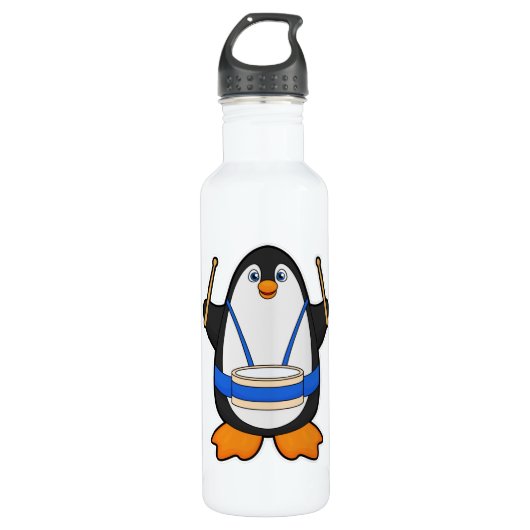 Pinguin als Musiker mit Drum Edelstahlflasche (Vorderseite)