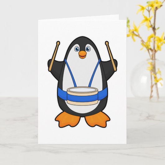 Pinguin als Musiker mit Drum Karte (Gelbe Blume)