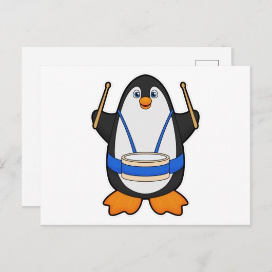 Pinguin als Musiker mit Drum Postkarte (Vorne/Hinten)