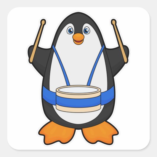 Pinguin als Musiker mit Drum Quadratischer Aufkleber (Vorderseite)