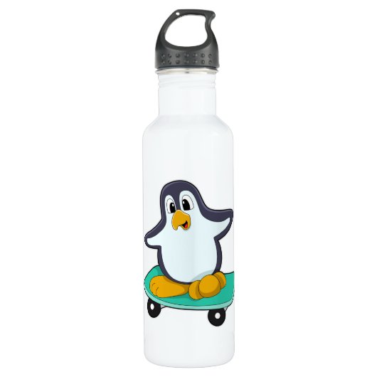 Pinguin als Skater auf Skateboard Edelstahlflasche (Vorderseite)