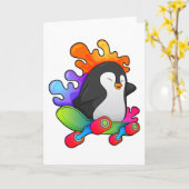Pinguin als Skater mit Skateboard Karte (Gelbe Blume)