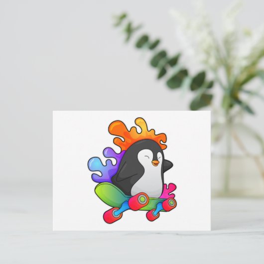 Pinguin als Skater mit Skateboard Postkarte (Stehend Vorderseite)