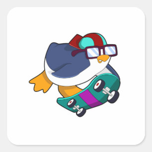 Pinguin als Skater mit Skateboard Quadratischer Aufkleber