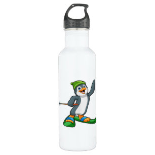 Pinguin als Skier mit Ski & Cap Edelstahlflasche