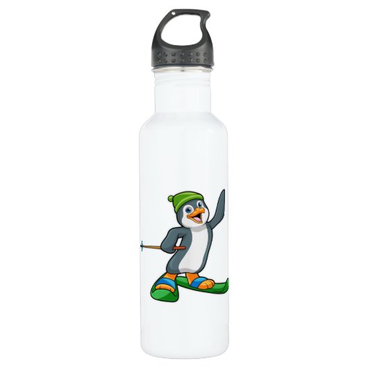 Pinguin als Skier mit Ski & Cap Edelstahlflasche (Vorderseite)