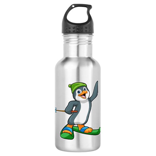 Pinguin als Skier mit Ski & Cap Edelstahlflasche (Vorderseite)