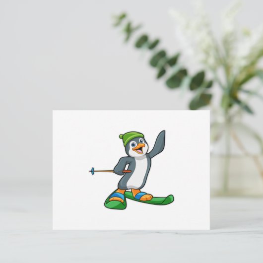Pinguin als Skier mit Ski & Cap Postkarte (Stehend Vorderseite)