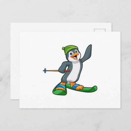 Pinguin als Skier mit Ski & Cap Postkarte (Vorne/Hinten)