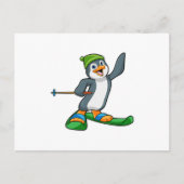 Pinguin als Skier mit Ski & Cap Postkarte (Vorderseite)