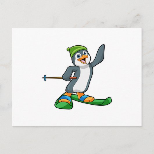 Pinguin als Skier mit Ski & Cap Postkarte (Vorderseite)