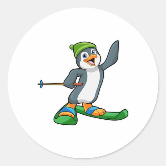 Pinguin als Skier mit Ski & Cap Runder Aufkleber (Vorderseite)