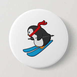 Pinguin als Skifahrer mit Ski Button
