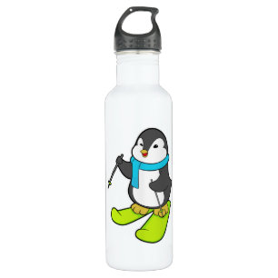 Pinguin als Skifahrer mit Ski Edelstahlflasche