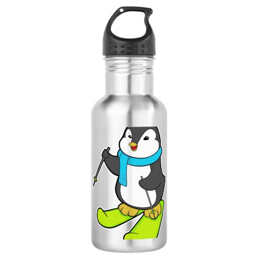 Pinguin als Skifahrer mit Ski Edelstahlflasche (Vorderseite)