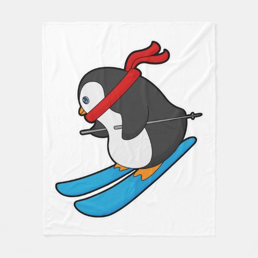 Pinguin als Skifahrer mit Ski Fleecedecke (Vorderseite)