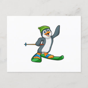 Pinguin als Skifahrer mit Ski & Kappe Postkarte
