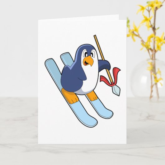 Pinguin als Skifahrer mit Ski Karte (Gelbe Blume)