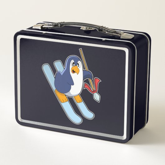 Pinguin als Skifahrer mit Ski Metall Brotdose (Rückseite)