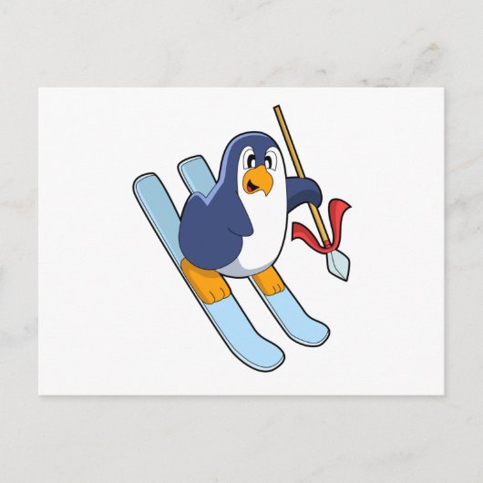 Pinguin als Skifahrer mit Ski Postkarte (Vorderseite)