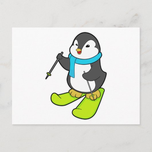 Pinguin als Skifahrer mit Ski Postkarte (Vorderseite)